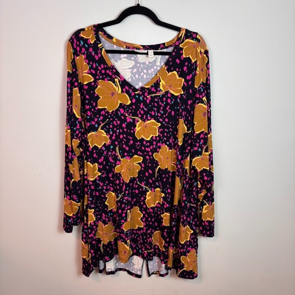 LOGO Lori Goldstein Womens Purple Brown Floral Stretch Tunic Blouse 3X Pockets